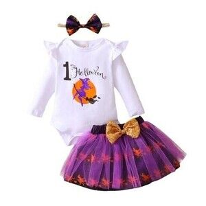 12-18M Baby Girl My 1st Halloween Outfit Long Sleeve Romper Skirt Hair Bow,